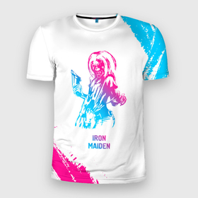 Мужская футболка 3D Slim с принтом Iron Maiden neon gradient style в Санкт-Петербурге, 100% полиэстер с улучшенными характеристиками | приталенный силуэт, круглая горловина, широкие плечи, сужается к линии бедра | 