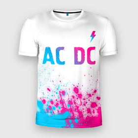 Мужская футболка 3D Slim с принтом AC DC neon gradient style: символ сверху в Курске, 100% полиэстер с улучшенными характеристиками | приталенный силуэт, круглая горловина, широкие плечи, сужается к линии бедра | 