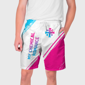 Мужские шорты 3D с принтом My Chemical Romance neon gradient style: надпись, символ в Кировске,  полиэстер 100% | прямой крой, два кармана без застежек по бокам. Мягкая трикотажная резинка на поясе, внутри которой широкие завязки. Длина чуть выше колен | 