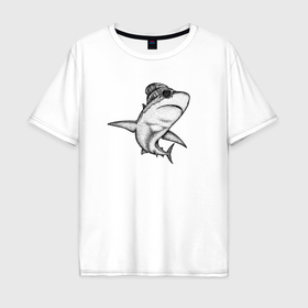 Мужская футболка хлопок Oversize с принтом Акула хипстер в Тюмени, 100% хлопок | свободный крой, круглый ворот, “спинка” длиннее передней части | 