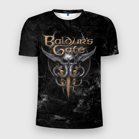 Мужская футболка 3D Slim с принтом Baldurs Gate 3 dark logo в Екатеринбурге, 100% полиэстер с улучшенными характеристиками | приталенный силуэт, круглая горловина, широкие плечи, сужается к линии бедра | 