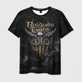 Мужская футболка 3D с принтом Baldurs Gate 3 dark logo , 100% полиэфир | прямой крой, круглый вырез горловины, длина до линии бедер | 