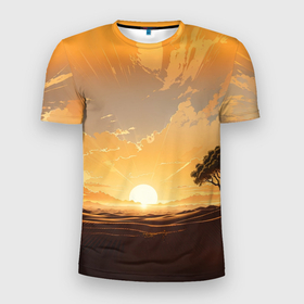 Мужская футболка 3D Slim с принтом Рассвет над пустыней в Курске, 100% полиэстер с улучшенными характеристиками | приталенный силуэт, круглая горловина, широкие плечи, сужается к линии бедра | 