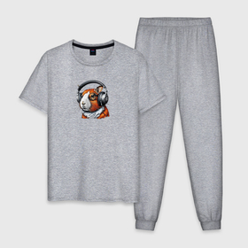Мужская пижама хлопок с принтом Грызун в наушниках , 100% хлопок | брюки и футболка прямого кроя, без карманов, на брюках мягкая резинка на поясе и по низу штанин
 | 
