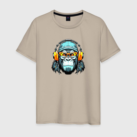 Мужская футболка хлопок с принтом Обезьяна и наушники в Тюмени, 100% хлопок | прямой крой, круглый вырез горловины, длина до линии бедер, слегка спущенное плечо. | 