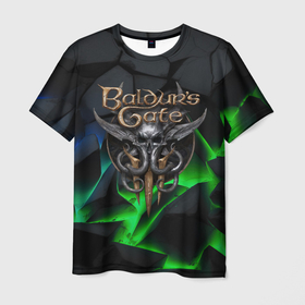 Мужская футболка 3D с принтом Baldurs Gate 3 black blue neon в Белгороде, 100% полиэфир | прямой крой, круглый вырез горловины, длина до линии бедер | 