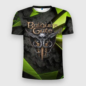 Мужская футболка 3D Slim с принтом Baldurs Gate 3  logo green abstract в Екатеринбурге, 100% полиэстер с улучшенными характеристиками | приталенный силуэт, круглая горловина, широкие плечи, сужается к линии бедра | Тематика изображения на принте: 