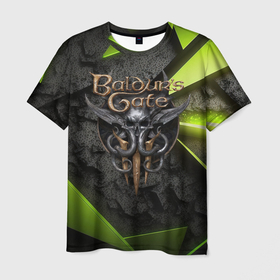 Мужская футболка 3D с принтом Baldurs Gate 3  logo green abstract в Екатеринбурге, 100% полиэфир | прямой крой, круглый вырез горловины, длина до линии бедер | Тематика изображения на принте: 