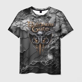 Мужская футболка 3D с принтом Baldurs Gate 3  logo dark в Екатеринбурге, 100% полиэфир | прямой крой, круглый вырез горловины, длина до линии бедер | Тематика изображения на принте: 