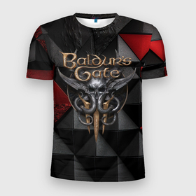 Мужская футболка 3D Slim с принтом Baldurs Gate 3  logo red black в Екатеринбурге, 100% полиэстер с улучшенными характеристиками | приталенный силуэт, круглая горловина, широкие плечи, сужается к линии бедра | 