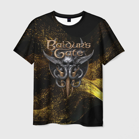 Мужская футболка 3D с принтом Baldurs Gate 3  logo gold black в Екатеринбурге, 100% полиэфир | прямой крой, круглый вырез горловины, длина до линии бедер | Тематика изображения на принте: 