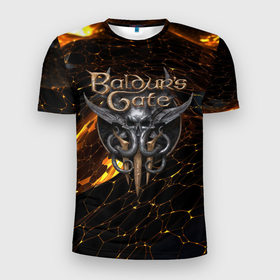 Мужская футболка 3D Slim с принтом Baldurs Gate 3 logo gold and black в Белгороде, 100% полиэстер с улучшенными характеристиками | приталенный силуэт, круглая горловина, широкие плечи, сужается к линии бедра | Тематика изображения на принте: 