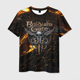 Мужская футболка 3D с принтом Baldurs Gate 3 logo gold and black в Белгороде, 100% полиэфир | прямой крой, круглый вырез горловины, длина до линии бедер | 