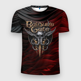 Мужская футболка 3D Slim с принтом Baldurs Gate 3 logo dark red black в Белгороде, 100% полиэстер с улучшенными характеристиками | приталенный силуэт, круглая горловина, широкие плечи, сужается к линии бедра | Тематика изображения на принте: 