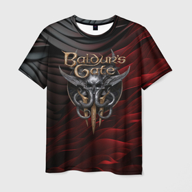 Мужская футболка 3D с принтом Baldurs Gate 3 logo dark red black , 100% полиэфир | прямой крой, круглый вырез горловины, длина до линии бедер | 