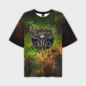 Мужская футболка oversize 3D с принтом Baldurs Gate 3 logo dark  green fire в Екатеринбурге,  |  | 