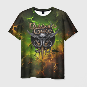 Мужская футболка 3D с принтом Baldurs Gate 3 logo dark  green fire в Екатеринбурге, 100% полиэфир | прямой крой, круглый вырез горловины, длина до линии бедер | Тематика изображения на принте: 