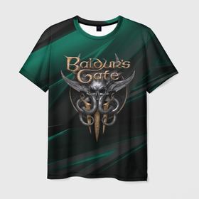 Мужская футболка 3D с принтом Baldurs Gate 3 logo green geometry в Белгороде, 100% полиэфир | прямой крой, круглый вырез горловины, длина до линии бедер | 