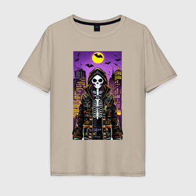 Мужская футболка хлопок Oversize с принтом Хэллоуин в мегаполисе   модный скелет в Екатеринбурге, 100% хлопок | свободный крой, круглый ворот, “спинка” длиннее передней части | 