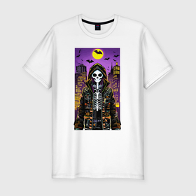 Мужская футболка хлопок Slim с принтом Хэллоуин в мегаполисе   модный скелет в Белгороде, 92% хлопок, 8% лайкра | приталенный силуэт, круглый вырез ворота, длина до линии бедра, короткий рукав | 