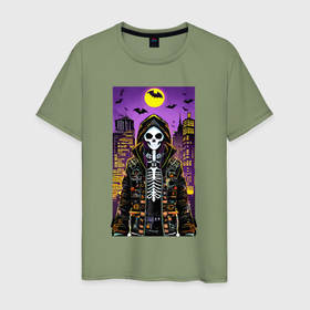 Мужская футболка хлопок с принтом Хэллоуин в мегаполисе   модный скелет в Новосибирске, 100% хлопок | прямой крой, круглый вырез горловины, длина до линии бедер, слегка спущенное плечо. | Тематика изображения на принте: 