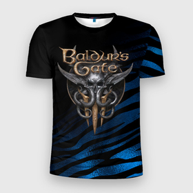 Мужская футболка 3D Slim с принтом Baldurs Gate 3 logo blue geometry в Петрозаводске, 100% полиэстер с улучшенными характеристиками | приталенный силуэт, круглая горловина, широкие плечи, сужается к линии бедра | 