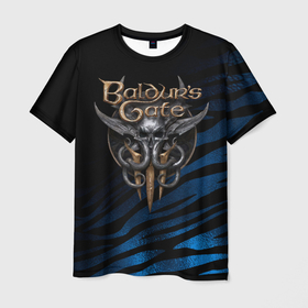 Мужская футболка 3D с принтом Baldurs Gate 3 logo blue geometry в Екатеринбурге, 100% полиэфир | прямой крой, круглый вырез горловины, длина до линии бедер | 