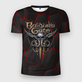 Мужская футболка 3D Slim с принтом Baldurs Gate 3 logo red black geometry в Белгороде, 100% полиэстер с улучшенными характеристиками | приталенный силуэт, круглая горловина, широкие плечи, сужается к линии бедра | Тематика изображения на принте: 