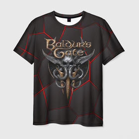 Мужская футболка 3D с принтом Baldurs Gate 3 logo red black geometry в Белгороде, 100% полиэфир | прямой крой, круглый вырез горловины, длина до линии бедер | 
