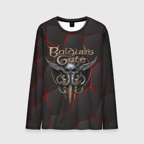 Мужской лонгслив 3D с принтом Baldurs Gate 3 logo red black geometry в Белгороде, 100% полиэстер | длинные рукава, круглый вырез горловины, полуприлегающий силуэт | Тематика изображения на принте: 