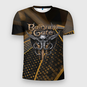 Мужская футболка 3D Slim с принтом Baldurs Gate 3 logo dark gold geometry в Екатеринбурге, 100% полиэстер с улучшенными характеристиками | приталенный силуэт, круглая горловина, широкие плечи, сужается к линии бедра | 
