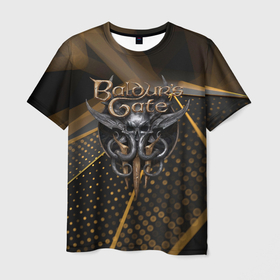 Мужская футболка 3D с принтом Baldurs Gate 3 logo dark gold geometry в Кировске, 100% полиэфир | прямой крой, круглый вырез горловины, длина до линии бедер | 