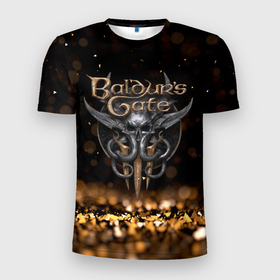Мужская футболка 3D Slim с принтом Baldurs Gate 3 logo  dark  gold logo в Екатеринбурге, 100% полиэстер с улучшенными характеристиками | приталенный силуэт, круглая горловина, широкие плечи, сужается к линии бедра | 