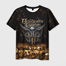 Мужская футболка 3D с принтом Baldurs Gate 3 logo  dark  gold logo , 100% полиэфир | прямой крой, круглый вырез горловины, длина до линии бедер | 