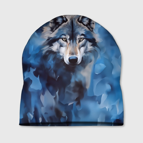 Шапка 3D с принтом Голова волка на ледяном фоне в Курске, 100% полиэстер | универсальный размер, печать по всей поверхности изделия | Тематика изображения на принте: 