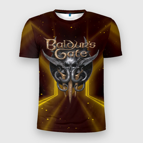 Мужская футболка 3D Slim с принтом Baldurs Gate 3 logo  black gold в Екатеринбурге, 100% полиэстер с улучшенными характеристиками | приталенный силуэт, круглая горловина, широкие плечи, сужается к линии бедра | 
