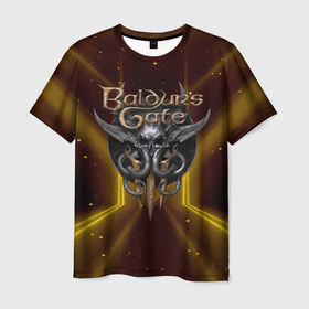 Мужская футболка 3D с принтом Baldurs Gate 3 logo  black gold в Екатеринбурге, 100% полиэфир | прямой крой, круглый вырез горловины, длина до линии бедер | 