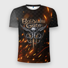 Мужская футболка 3D Slim с принтом Baldurs Gate 3  logo fire в Екатеринбурге, 100% полиэстер с улучшенными характеристиками | приталенный силуэт, круглая горловина, широкие плечи, сужается к линии бедра | 