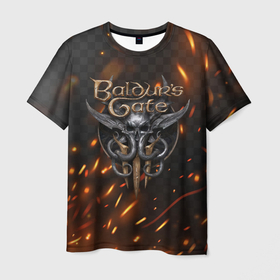 Мужская футболка 3D с принтом Baldurs Gate 3  logo fire в Екатеринбурге, 100% полиэфир | прямой крой, круглый вырез горловины, длина до линии бедер | Тематика изображения на принте: 