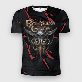 Мужская футболка 3D Slim с принтом Baldurs Gate 3  logo dark red в Екатеринбурге, 100% полиэстер с улучшенными характеристиками | приталенный силуэт, круглая горловина, широкие плечи, сужается к линии бедра | Тематика изображения на принте: 