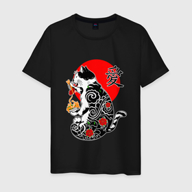 Мужская футболка хлопок с принтом Котик   якудза и иероглиф в Рязани, 100% хлопок | прямой крой, круглый вырез горловины, длина до линии бедер, слегка спущенное плечо. | 