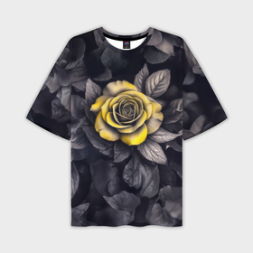 Мужская футболка oversize 3D с принтом Желтая роза на черно белых листьях в Екатеринбурге,  |  | Тематика изображения на принте: 