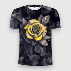 Мужская футболка 3D Slim с принтом Желтая роза на черно белых листьях в Белгороде, 100% полиэстер с улучшенными характеристиками | приталенный силуэт, круглая горловина, широкие плечи, сужается к линии бедра | 