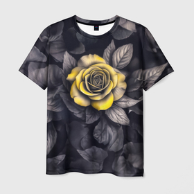 Мужская футболка 3D с принтом Желтая роза на черно белых листьях в Курске, 100% полиэфир | прямой крой, круглый вырез горловины, длина до линии бедер | Тематика изображения на принте: 