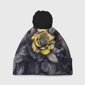 Шапка 3D c помпоном с принтом Желтая роза на черно белых листьях в Курске, 100% полиэстер | универсальный размер, печать по всей поверхности изделия | Тематика изображения на принте: 