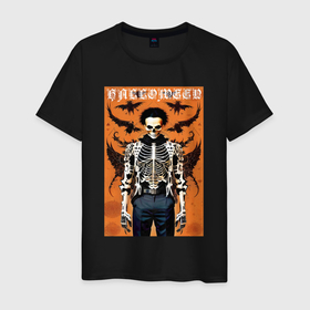 Мужская футболка хлопок с принтом Cool skeleton   poster   halloween в Белгороде, 100% хлопок | прямой крой, круглый вырез горловины, длина до линии бедер, слегка спущенное плечо. | 