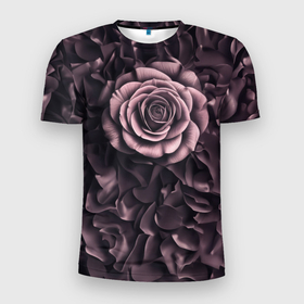 Мужская футболка 3D Slim с принтом Розовая роза на коричневых лепестках в Екатеринбурге, 100% полиэстер с улучшенными характеристиками | приталенный силуэт, круглая горловина, широкие плечи, сужается к линии бедра | Тематика изображения на принте: 