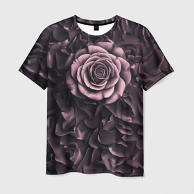 Мужская футболка 3D с принтом Розовая роза на коричневых лепестках в Екатеринбурге, 100% полиэфир | прямой крой, круглый вырез горловины, длина до линии бедер | Тематика изображения на принте: 