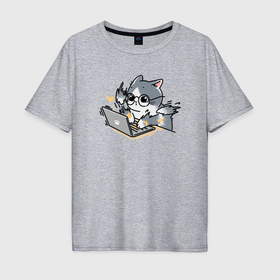 Мужская футболка хлопок Oversize с принтом Котик  программист в Новосибирске, 100% хлопок | свободный крой, круглый ворот, “спинка” длиннее передней части | Тематика изображения на принте: 