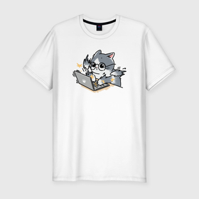 Мужская футболка хлопок Slim с принтом Котик  программист в Новосибирске, 92% хлопок, 8% лайкра | приталенный силуэт, круглый вырез ворота, длина до линии бедра, короткий рукав | Тематика изображения на принте: 